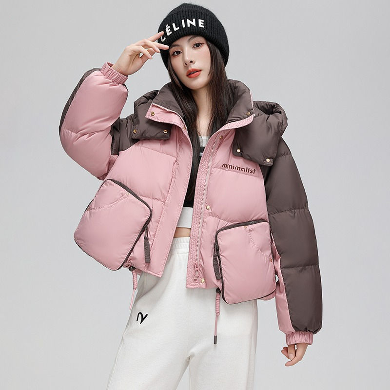 时尚潮流加厚百搭新款短款羽绒服女士设计感连帽撞色小个子大口袋