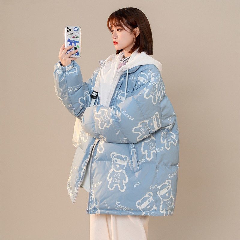 潮流秋冬时尚连帽小众小熊棉服女宽松大码假两件棉袄2023新款棉衣