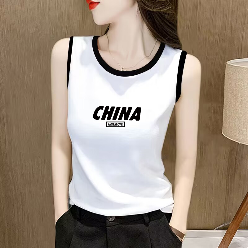 2024夏季吊带背心女内搭外穿打底修身印花白色显瘦无袖运动上衣潮