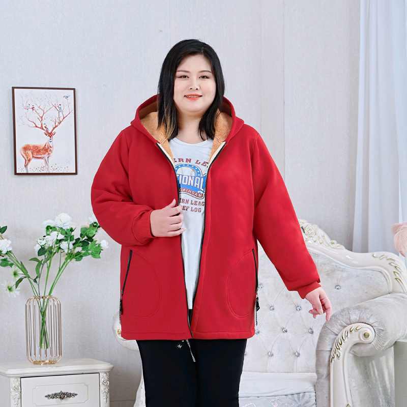 61202T加绒加厚连帽外套特大码女装冬季保暖显瘦260斤纯棉卫衣女