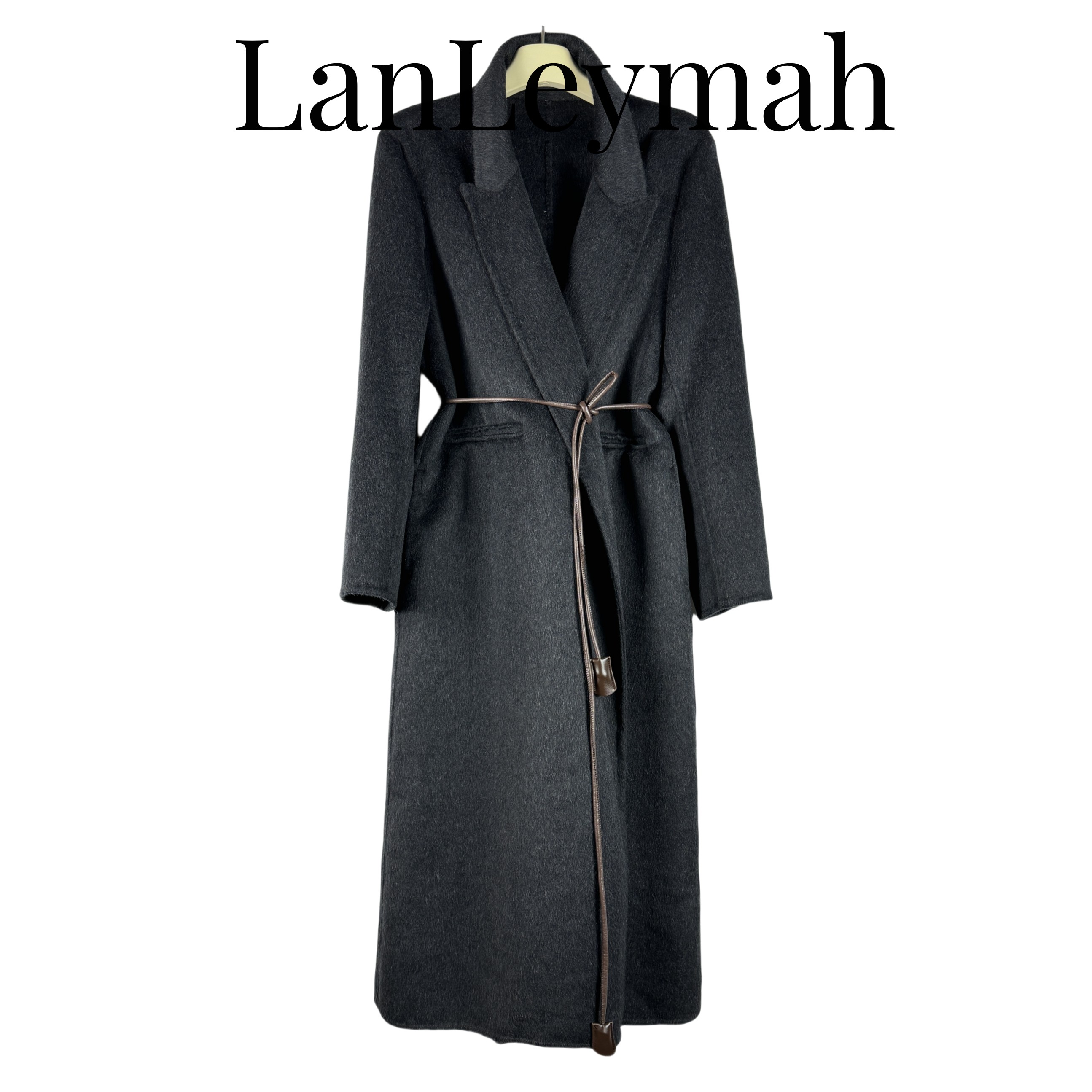 LanLeymah【枪驳领双面呢大衣】正肩H型宽松系带长款大衣外套YS001