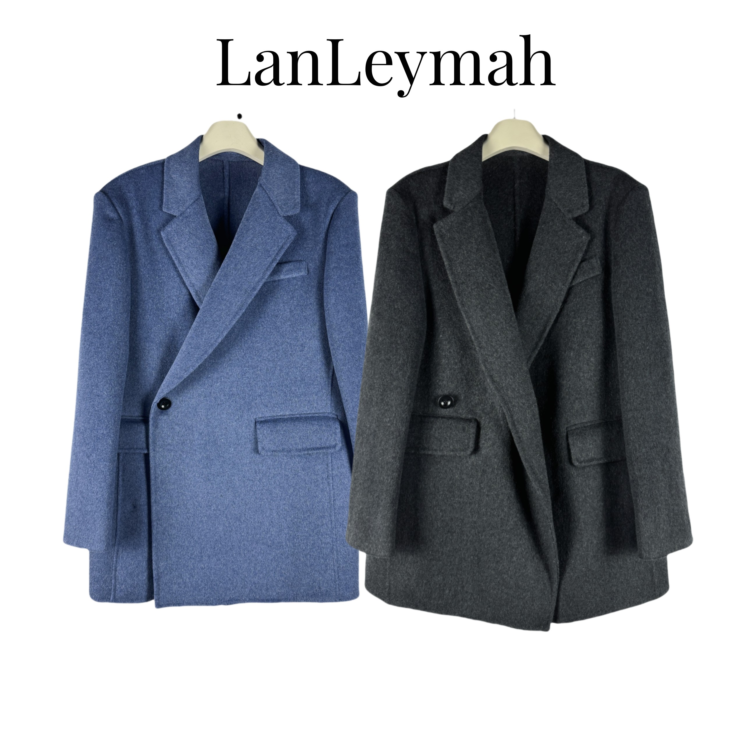 LanLeymah【双面呢斜扣西装】秋冬气质西服中长款毛呢外套