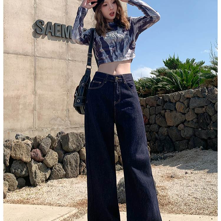 深蓝色阔腿牛仔裤裤子阔腿裤夏季复古高腰宽松慵懒垂感复古拖地裤