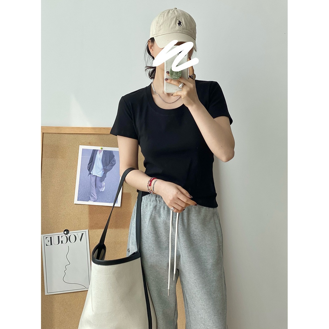 工厂批发辣妹U领正肩t恤女夏季新款显瘦修身性感时尚短袖上衣1568