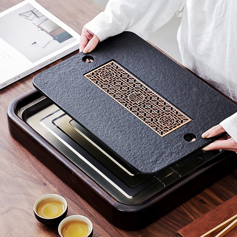 简约家用长方形实木乌金石茶盘小型储水式排水两人用简易迷你茶台