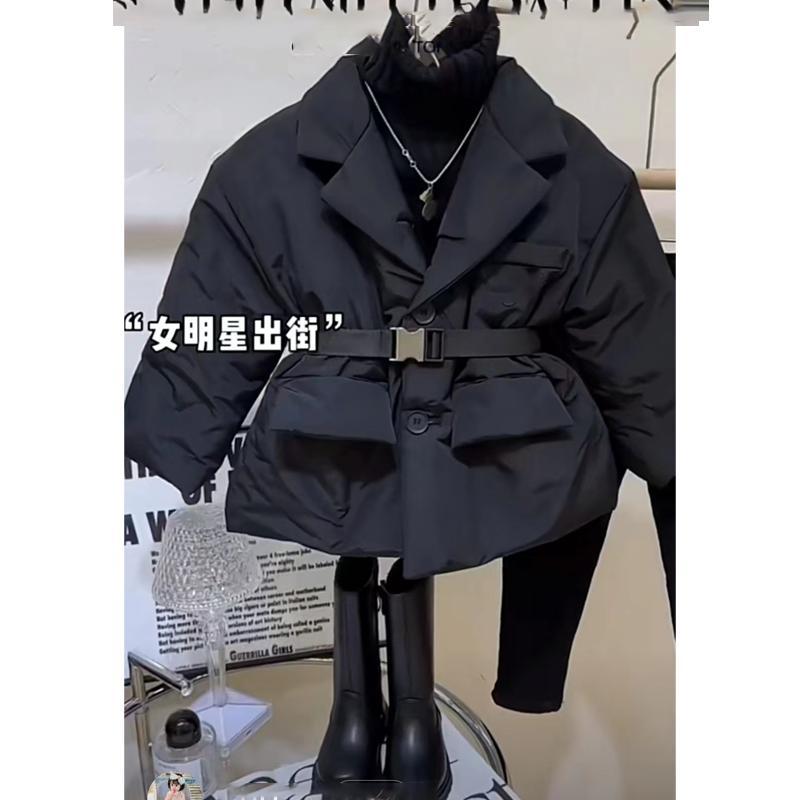 女童韩版西装领收腰黑色棉服2024年新款棉衣秋冬季儿童加厚外套