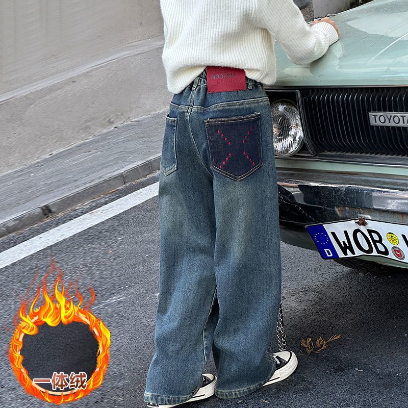 女童加绒牛仔裤儿童加厚阔腿裤秋冬季韩版新款长裤大童洋气直筒裤