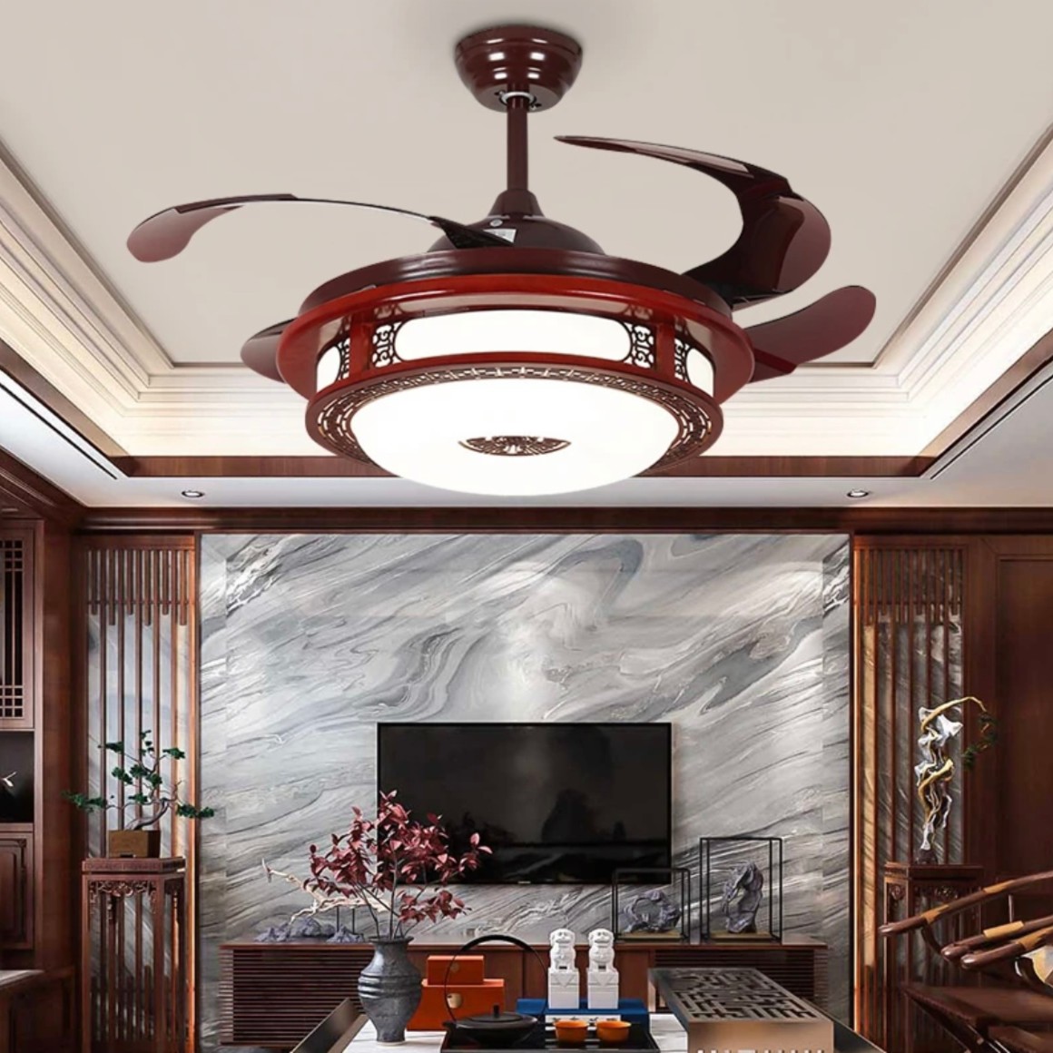 隐形吊扇灯变频中式实木客厅高档遥控家用客厅卧室餐厅中国风风扇