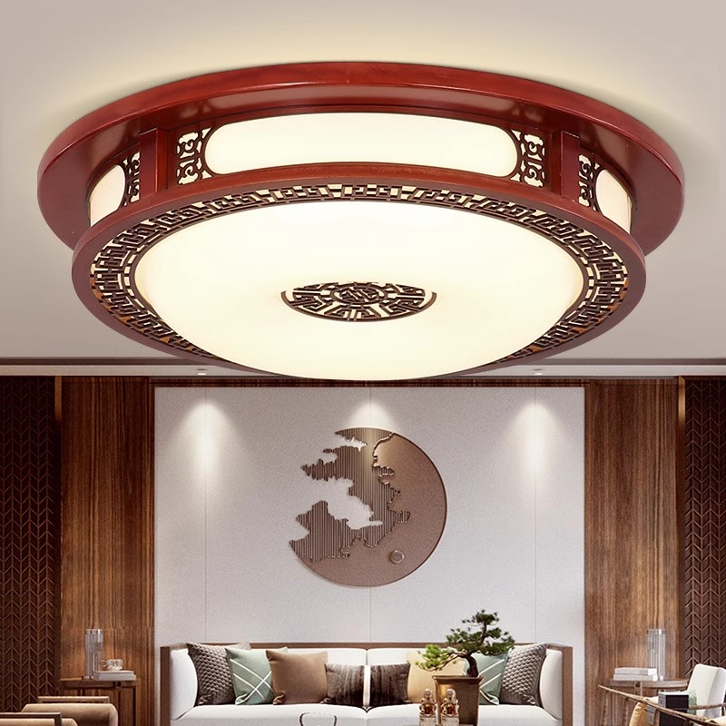 新中式客厅吸顶灯中国风卧室书房过道阳台餐厅圆形实木仿古灯木艺