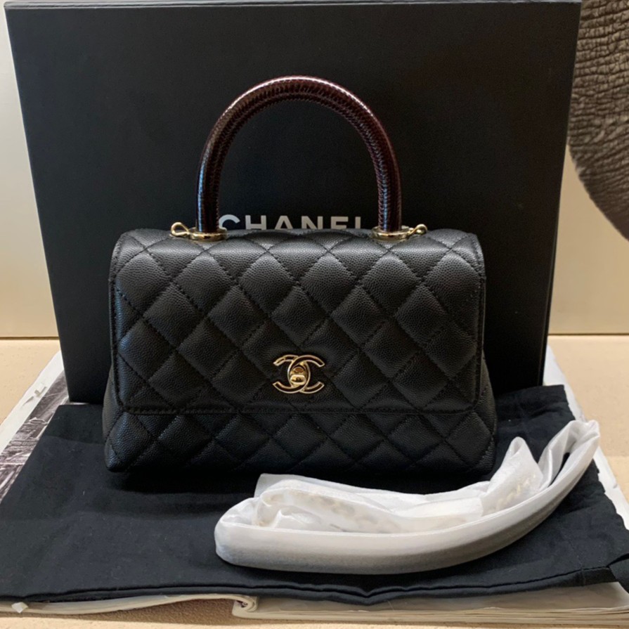 全新未使用 Chanel/香奈儿 青奢荟/黑色憨豆小号红手柄包///31444