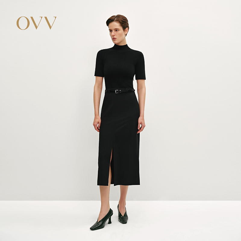 OVV秋冬新女装简约时髦休闲针梭镶拼高领短袖连衣裙GQLBJ34103A