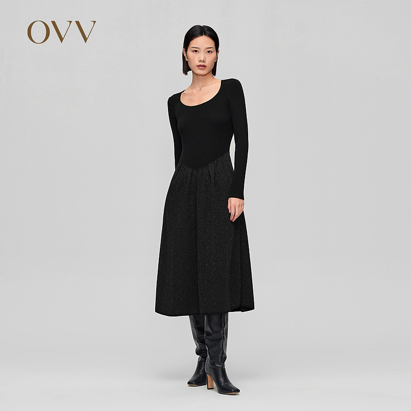 OVV秋冬新款女装金属丝点缀伞裙收腰长袖休闲针织连衣裙