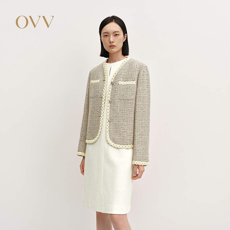 【经典粗花呢】OVV秋冬新女装V领保暖休闲外套GWJFJ34120A