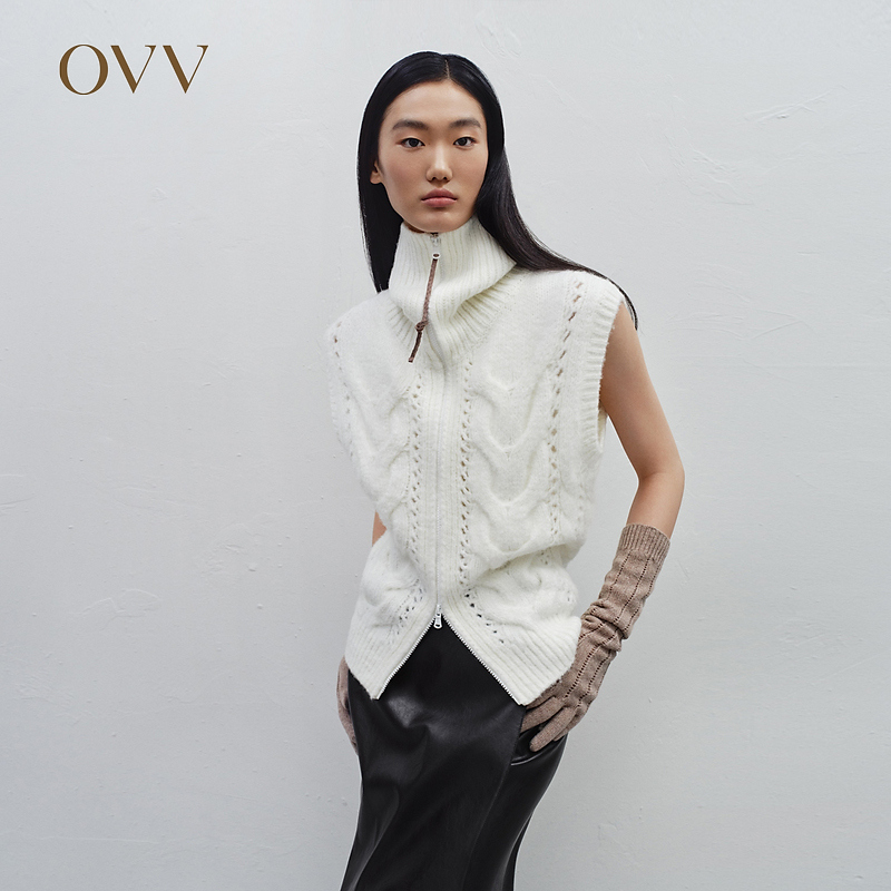 OVV秋冬新款女装粗针立体绞花翻领手工感休闲针织背心