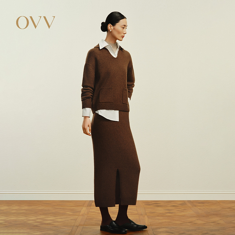 OVV2024秋冬新款女装时尚舒适羊毛混纺开衩设计半身裙GQAZJ34104A
