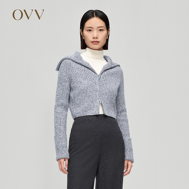 OVV秋冬新款女装外套花纱大翻领轻盈休闲感针织外套