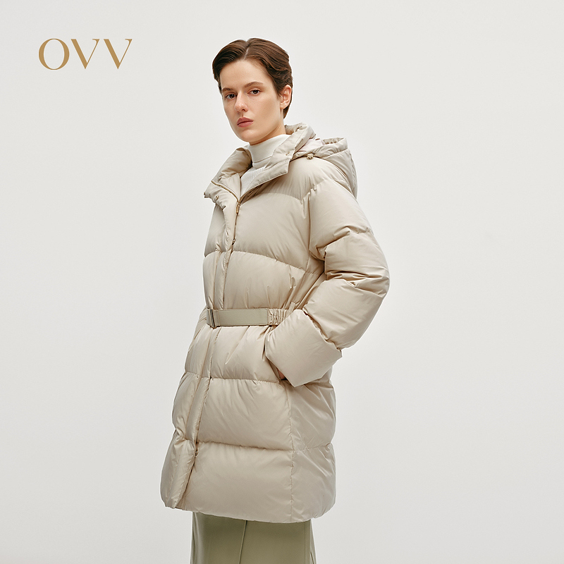 OVV24秋冬新女装大横格绗线高领可拆卸连帽羽绒服外套GWRAJ44114A