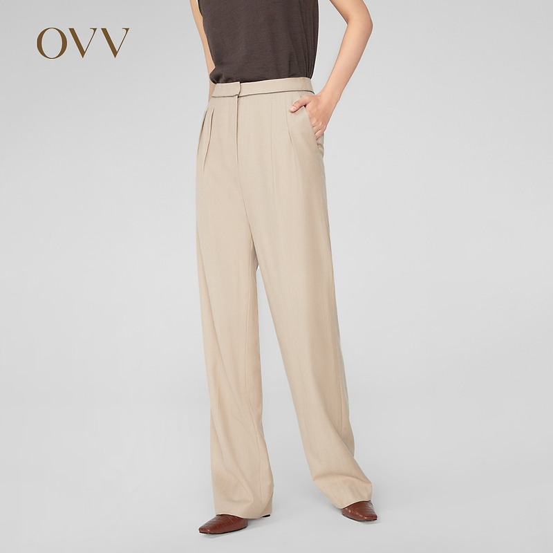 OVV秋冬新款女装羊毛法兰绒褶饰简约通勤直筒休闲长裤