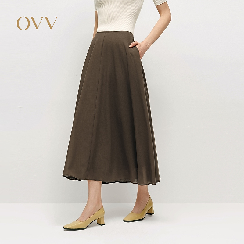 OVV2024秋冬新款女装经典垂坠舒适羊毛A字伞裙半身裙GQDDJ34106A