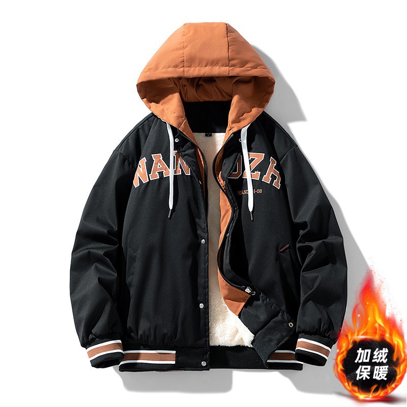 青少年ins外套男加肥加大冬季保暖宽松加绒加厚假两件棒球服WT19