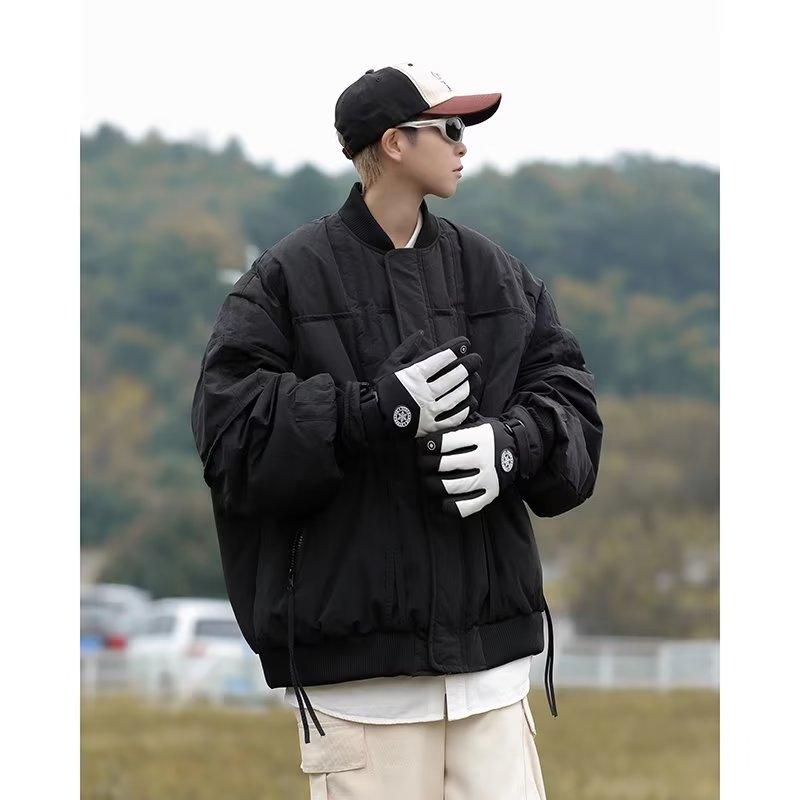 纯色拼接服男女冬季街头宽松加厚棒球服保暖外套棉衣