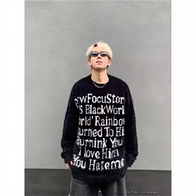 国潮美式字母印花水貂毛衣秋冬季街头慵懒风宽松情侣针织上衣