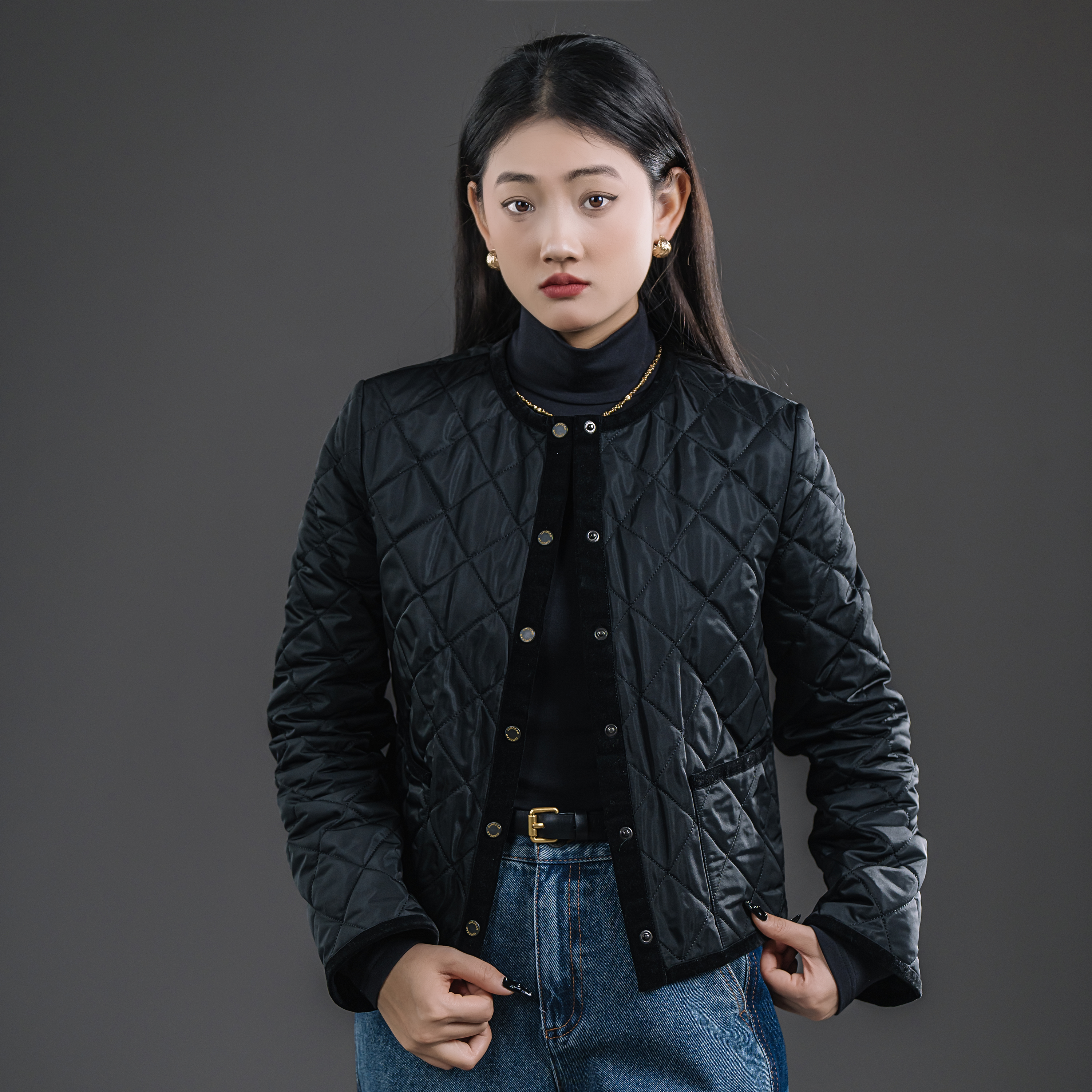 哥弟小香风棉服外套新款爆款冬季短款长袖圆领菱格纹百搭1400512