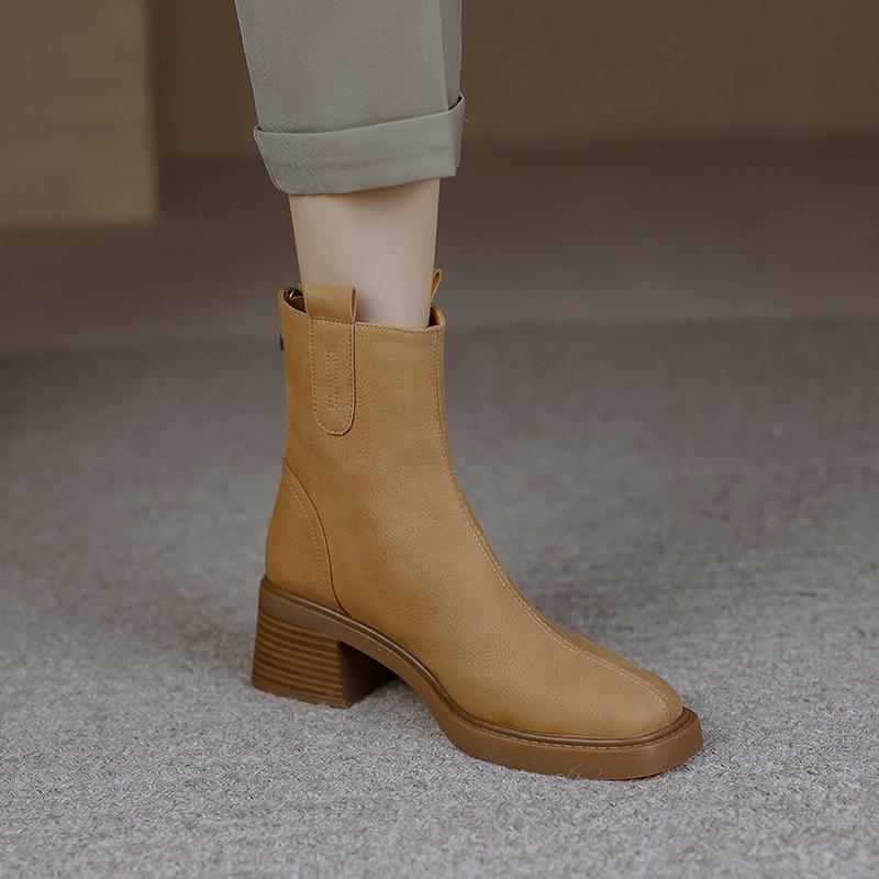 秋冬法式短靴女粗跟复古方头瘦瘦靴高跟百搭英伦风靴子马丁靴短筒