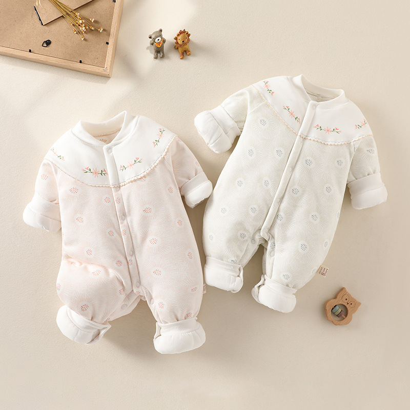 婴儿连体衣冬季夹棉加厚哈衣新生儿保暖爬服宝宝外出服150克棉衣