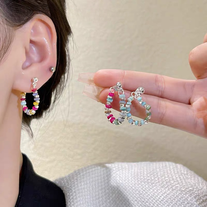 彩色串珠碎银耳钉女小众设计感高级耳环轻奢百搭耳饰ins少女时尚