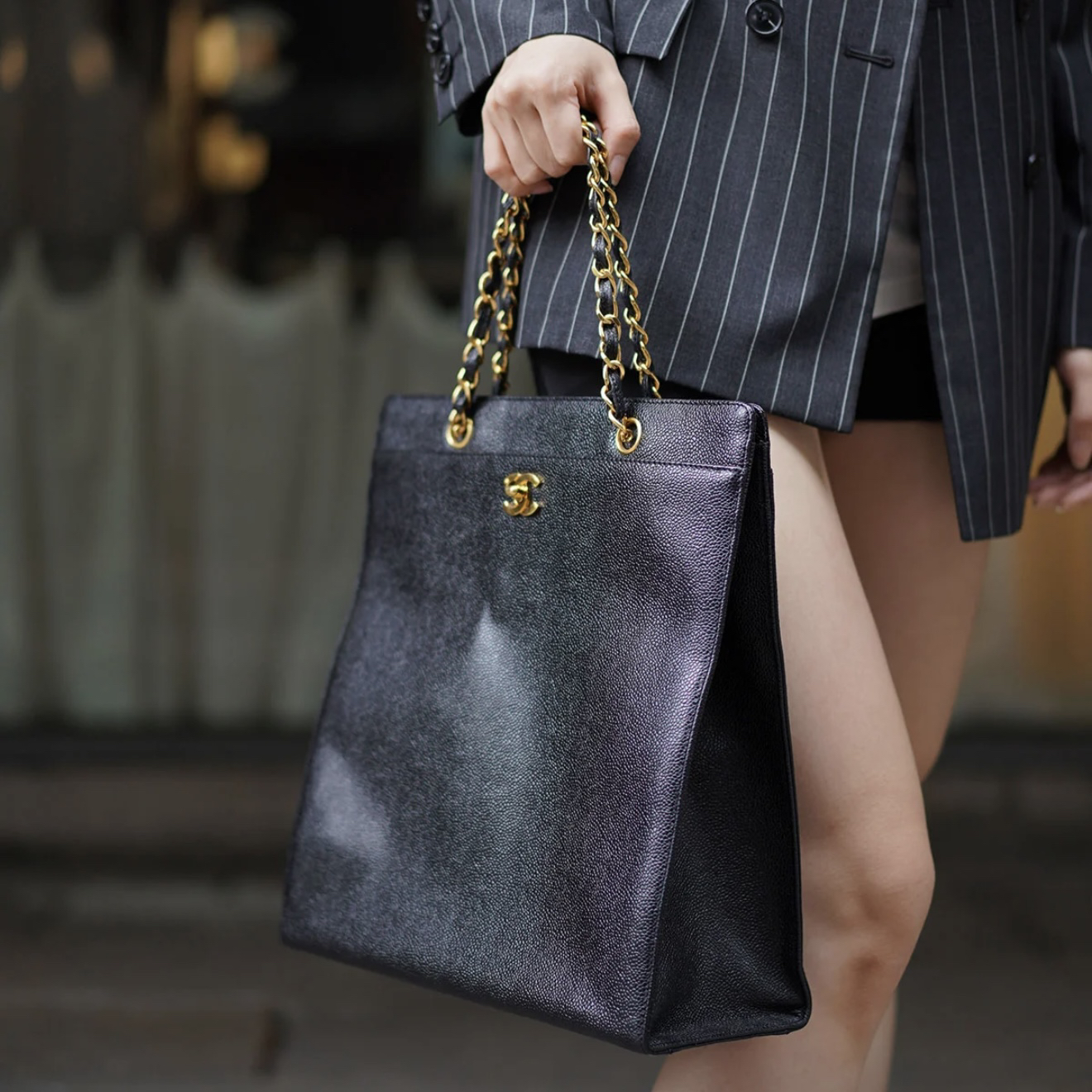 95新 Chanel/香奈儿 黑金鱼子酱琴谱手提包