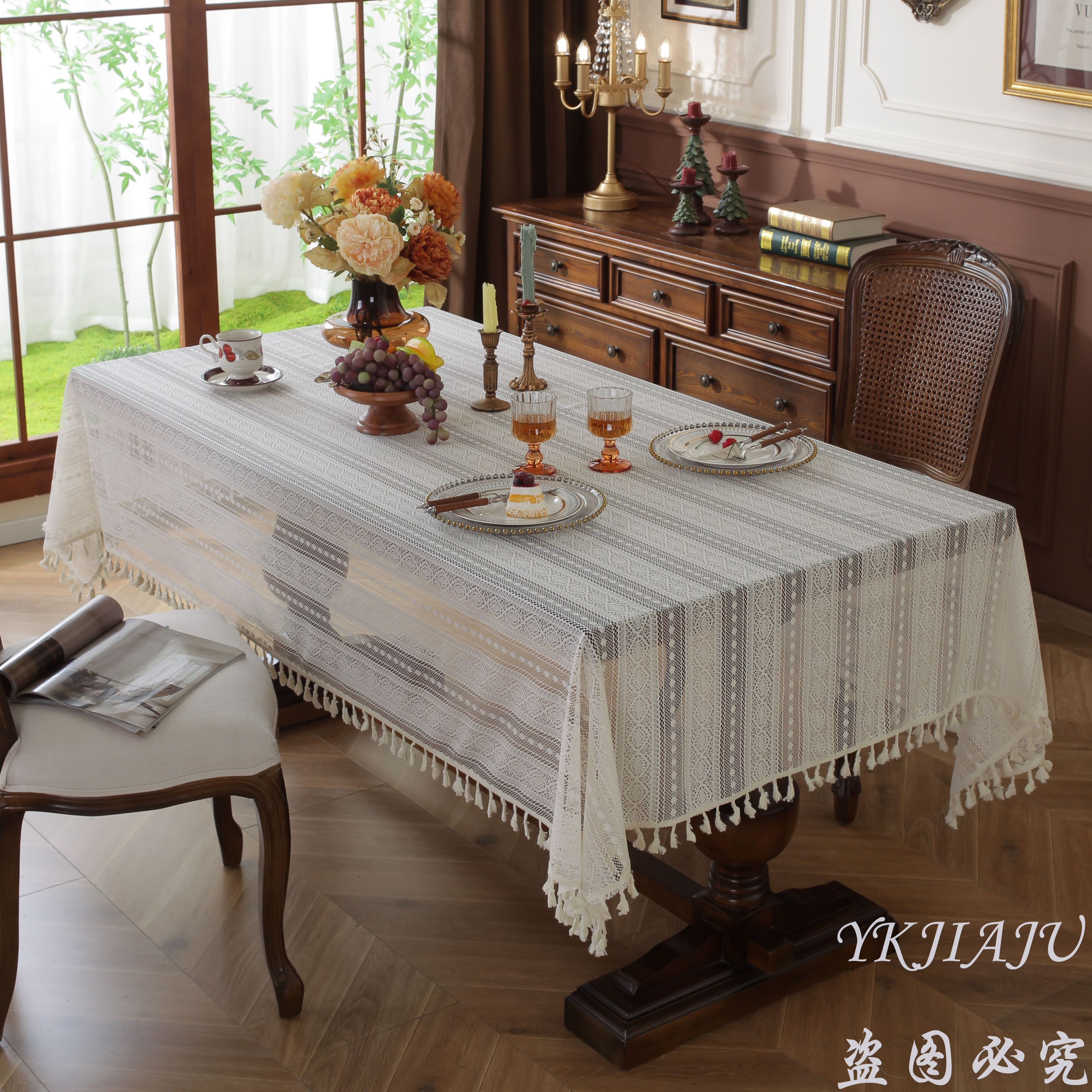 V经编床头小清新简约现代ins风桌布盖布2024款镂空花朵白色蕾丝