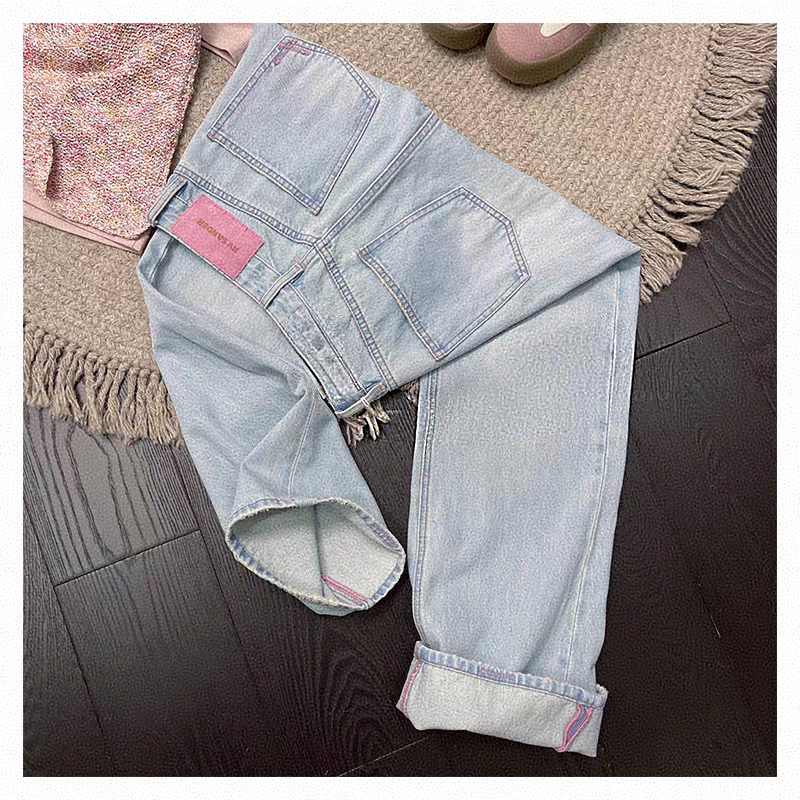 断货王窄版直筒浅蓝色粉标牛仔裤花珠珠【381-3】63~