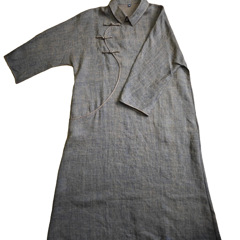 休闲纯苎麻复古长袖咖金袍子，纯苎麻香云衣，拍了截图，面料透气