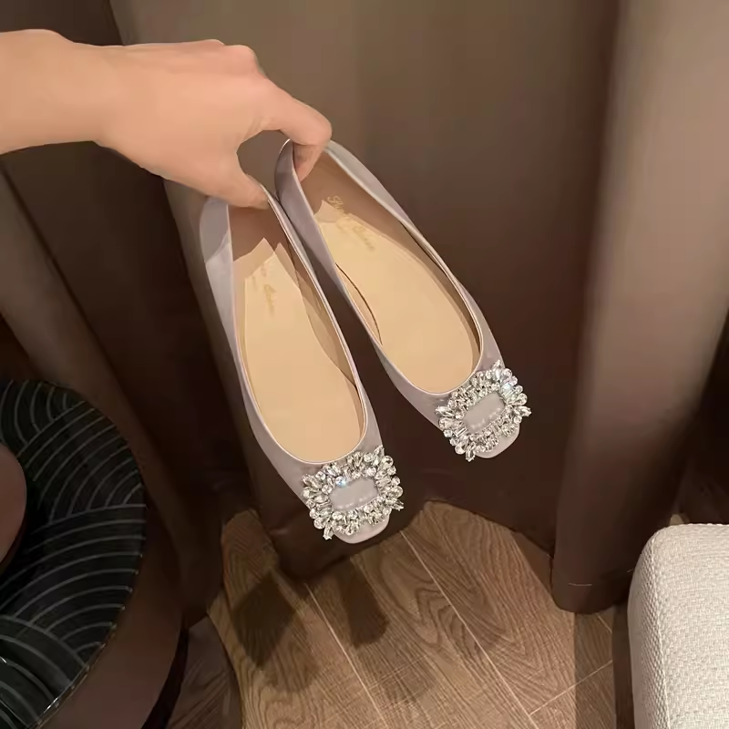 【手工女鞋专用】银灰色小方头水钻方扣平底单鞋浅口女鞋
