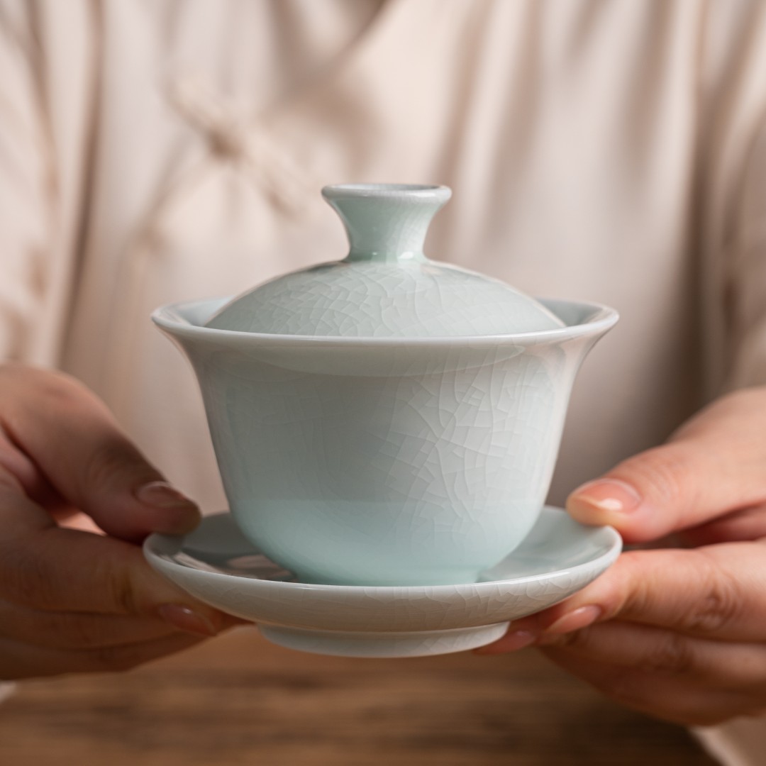 运圈玉青元宝盖碗汝州150cc汝瓷茶具手工复古陶瓷茶碗中式泡茶碗