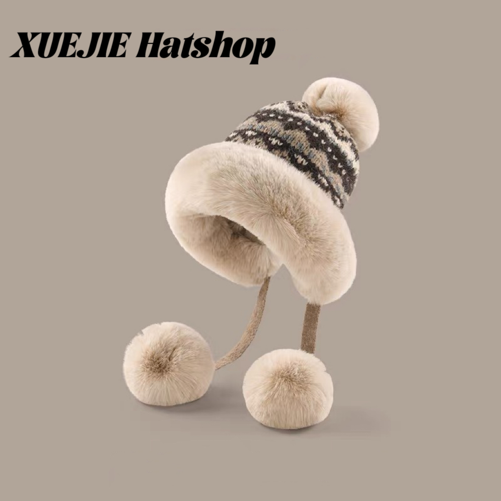25S 冬季加厚加绒保暖雷锋帽子女费尔岛针织提花三球护耳帽子东北