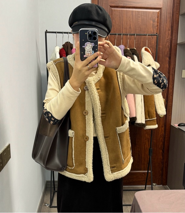 两面穿复古拼接撞色皮毛一体马甲女新款2023秋冬款宽松背心棉衣潮