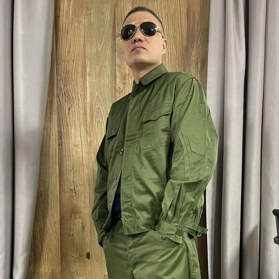 休闲工作服工装服男式绿色夹克小脚裤高级感男装