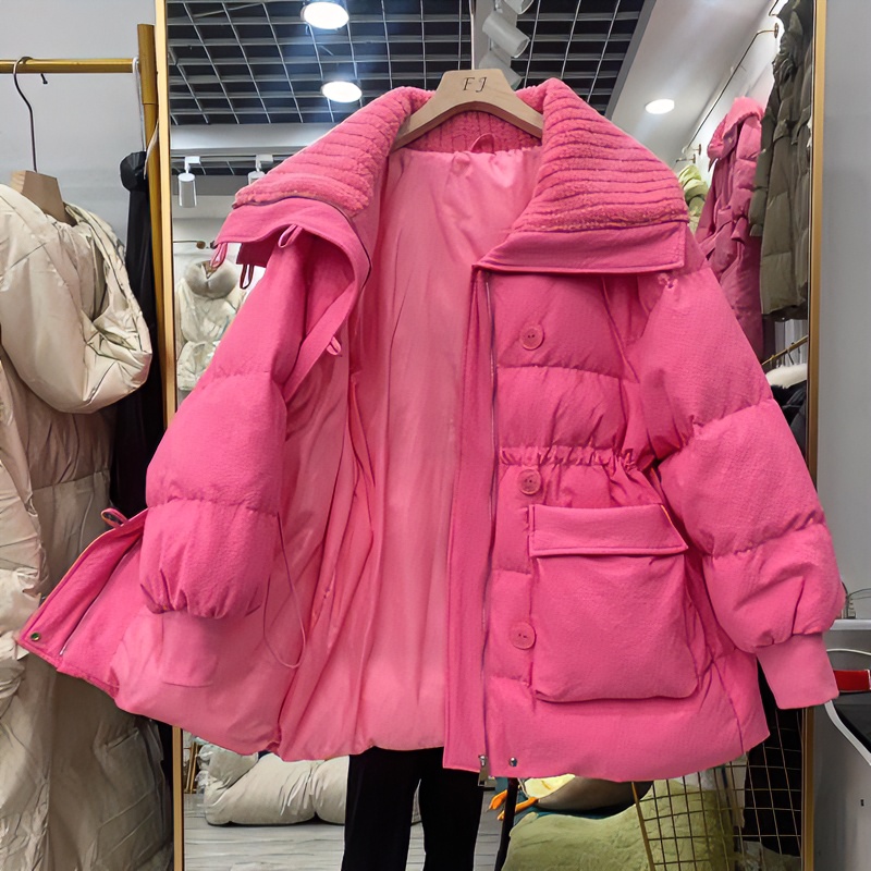 秋冬羽绒服女中长款2023冬装新款韩版大翻领设计感粉色收腰减款