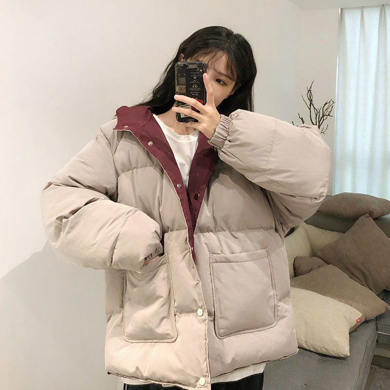 冬季两面穿外套加厚双面穿羽绒服女韩版连帽学生面包服宽松港风棉