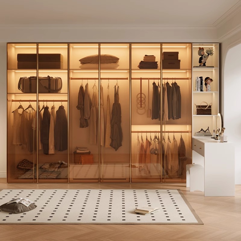 奶油风简约现代轻奢极简家用卧室落地玻璃门衣帽间组装主卧实木柜