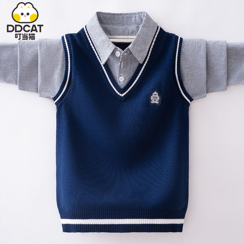 叮当猫男童毛衣衬衫假两件春装2025新款帅气中大童男孩纯棉针织衫