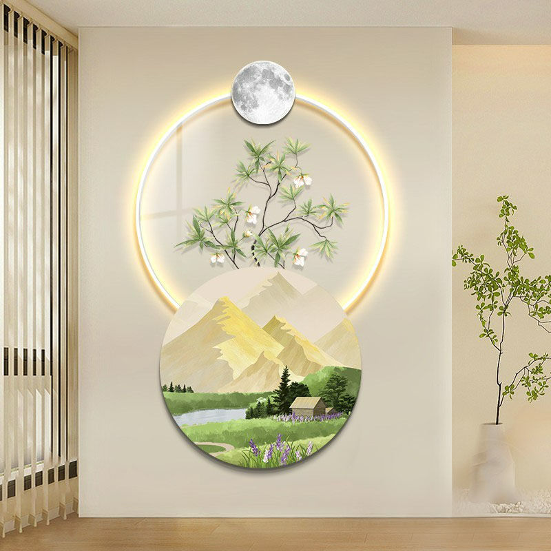亚克力日照金山绿植奶油风山水画玄关装饰画带灯过道走廊客厅挂画