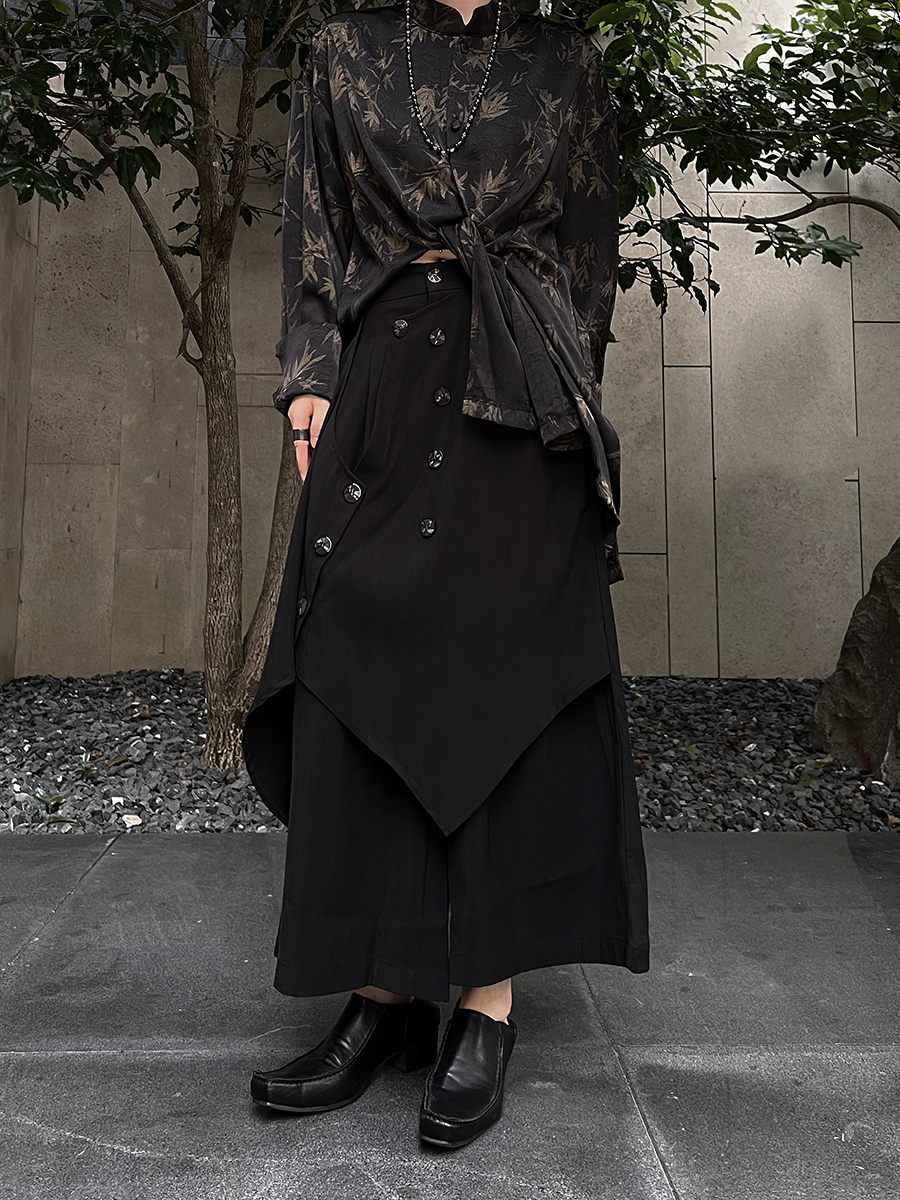 山本风不规则钮扣设计款阔腿裤假二件小众拼接宽松中腰显瘦裙裤潮