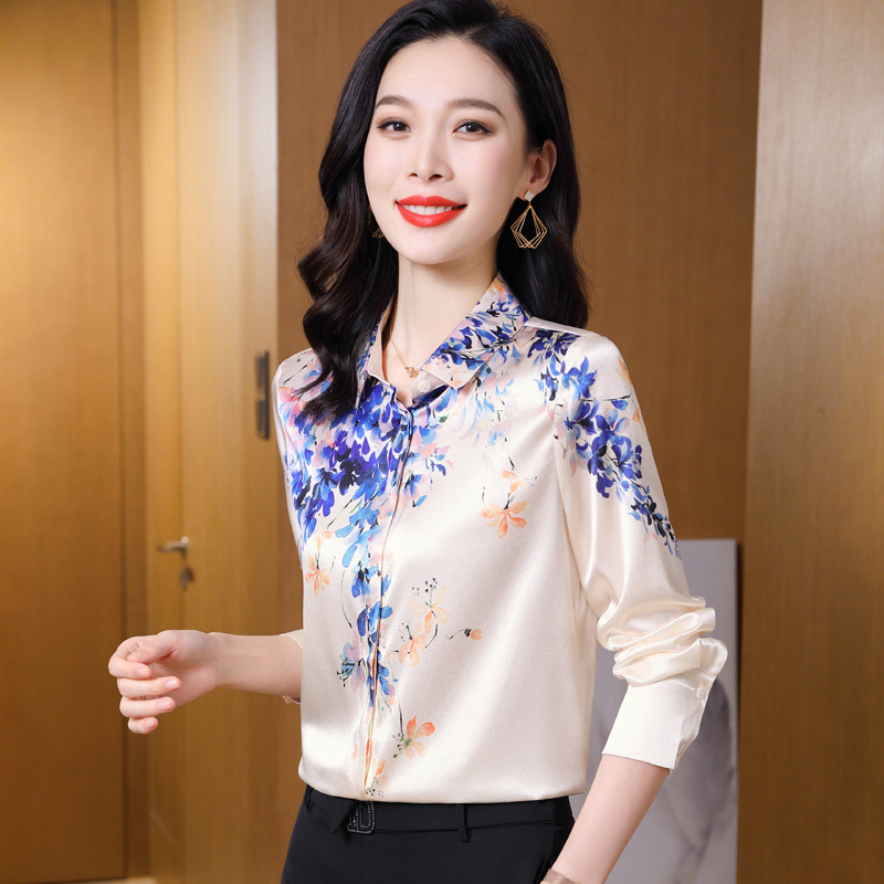 2022年秋季新款重磅真丝桑蚕丝优雅印花气质时尚百塔立领女士衬衫