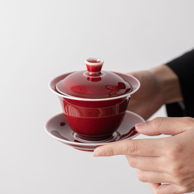 磐皿｜景德镇郎红三才盖碗复古陶瓷茶盖碗铜红釉中式茶具防烫