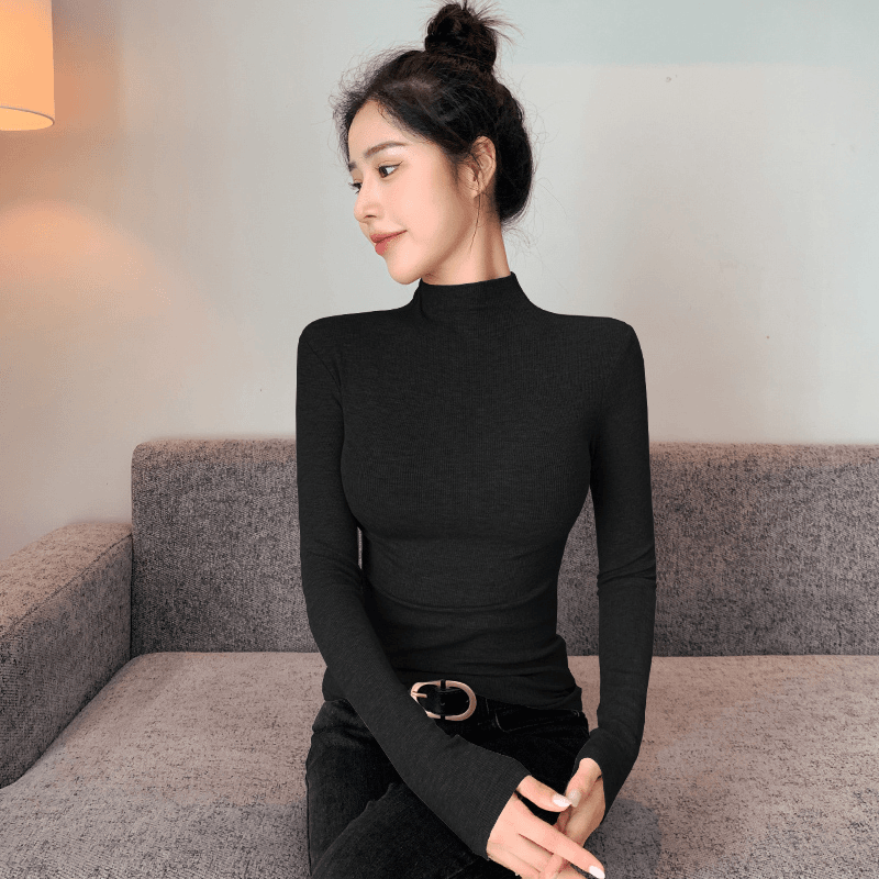 【TF2202】春秋冬半高领螺纹长袖打底衫女修身显瘦气质内搭t恤上衣