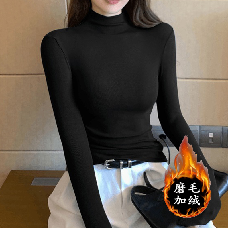 秋冬新款半高领长袖打底衫女士长袖上衣加绒保暖修身显瘦内搭t恤