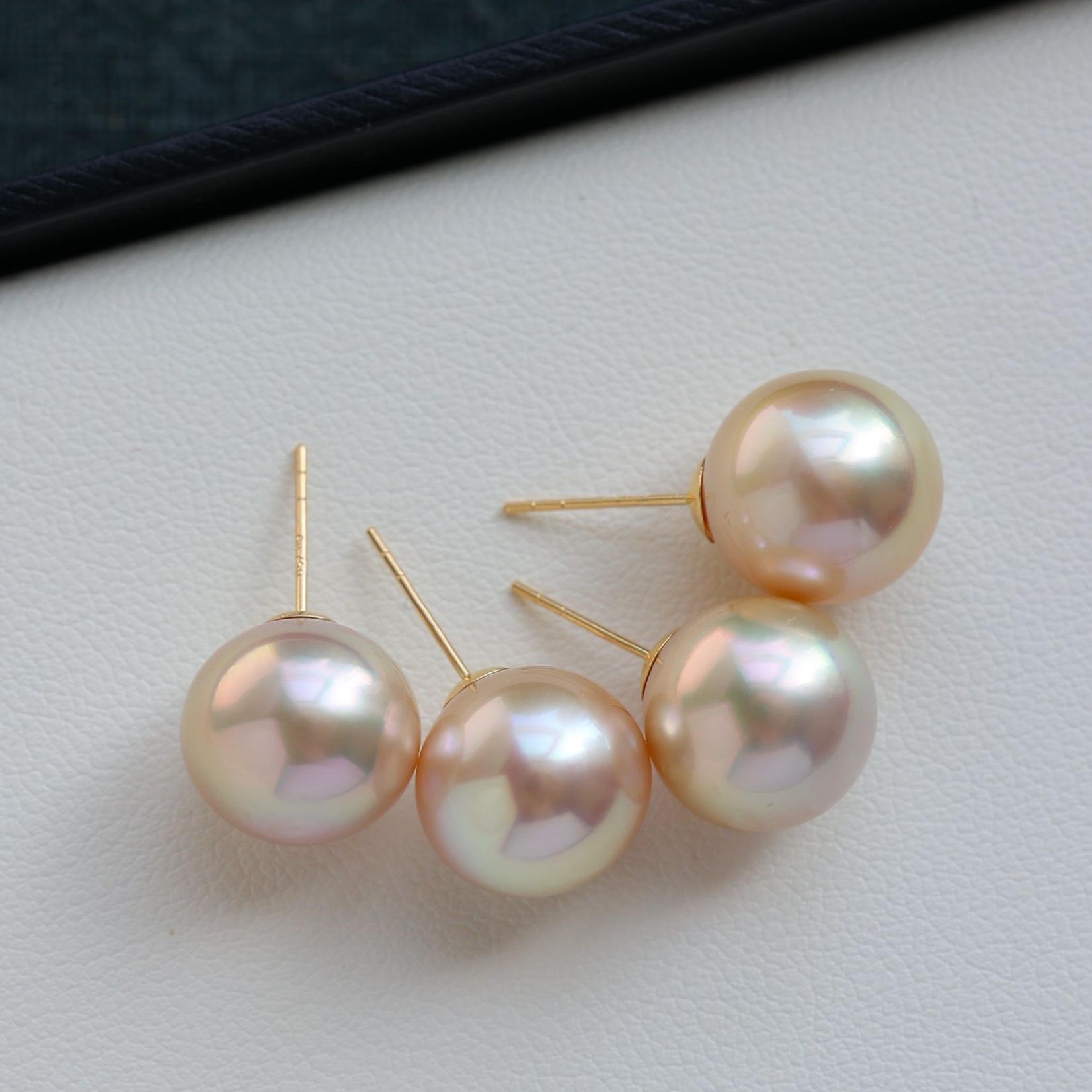澳白珍珠干枯耳素钉玫瑰色11-15mm强光18K金耳针女*多样性发一对